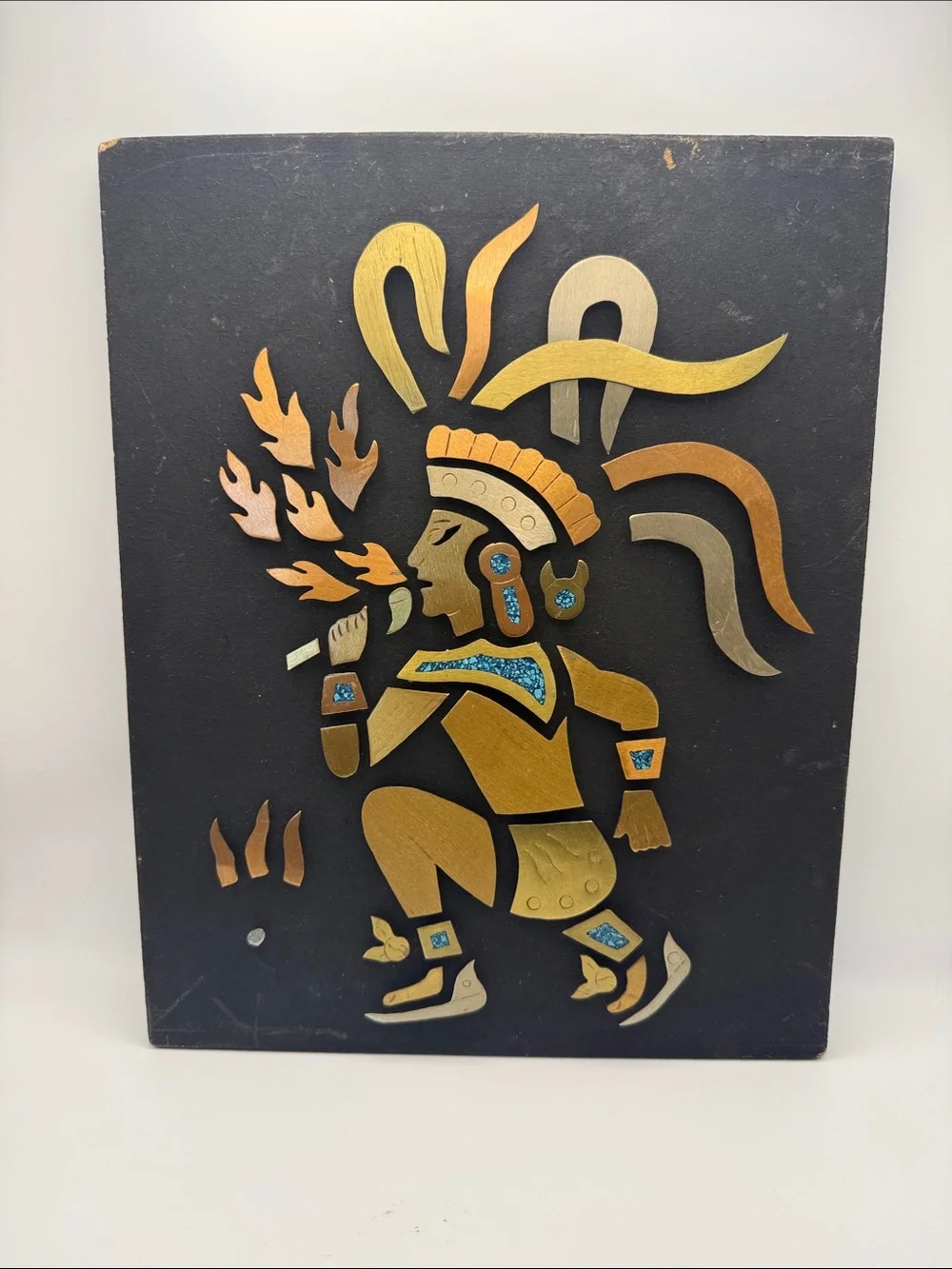 MCM Copper, Brass and Turquoise Aztec Dancer Art Handmade Metalwork Decor